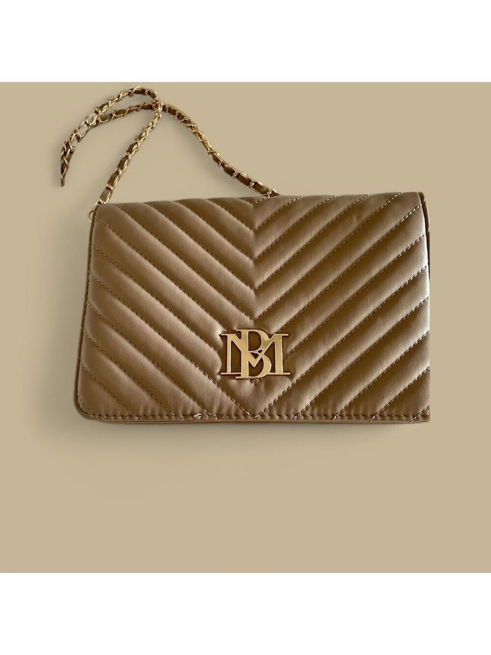 Badgley Mischka Vegan Leather Crossbody Purse, Taupe Quilted, Gold Chain Classic